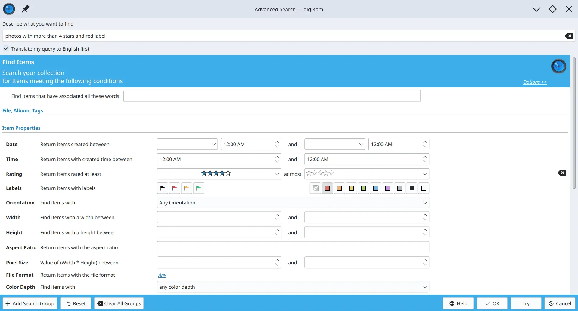 The Describe Your Search field in the Advanced Search Tool