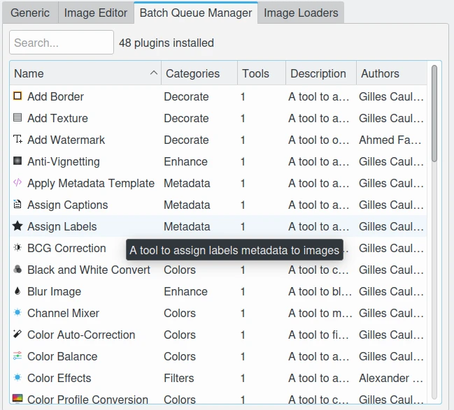 Página de configuração de plugins do gerenciador de processamento em lote