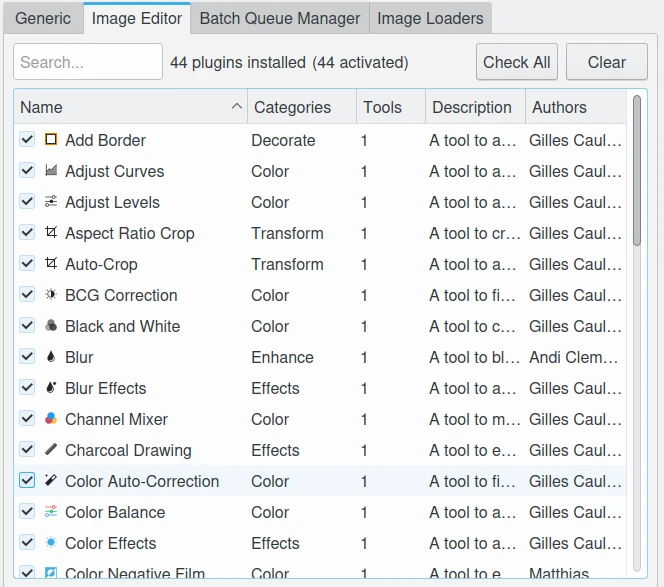 Página de configuração de plugins do Editor de Imagem