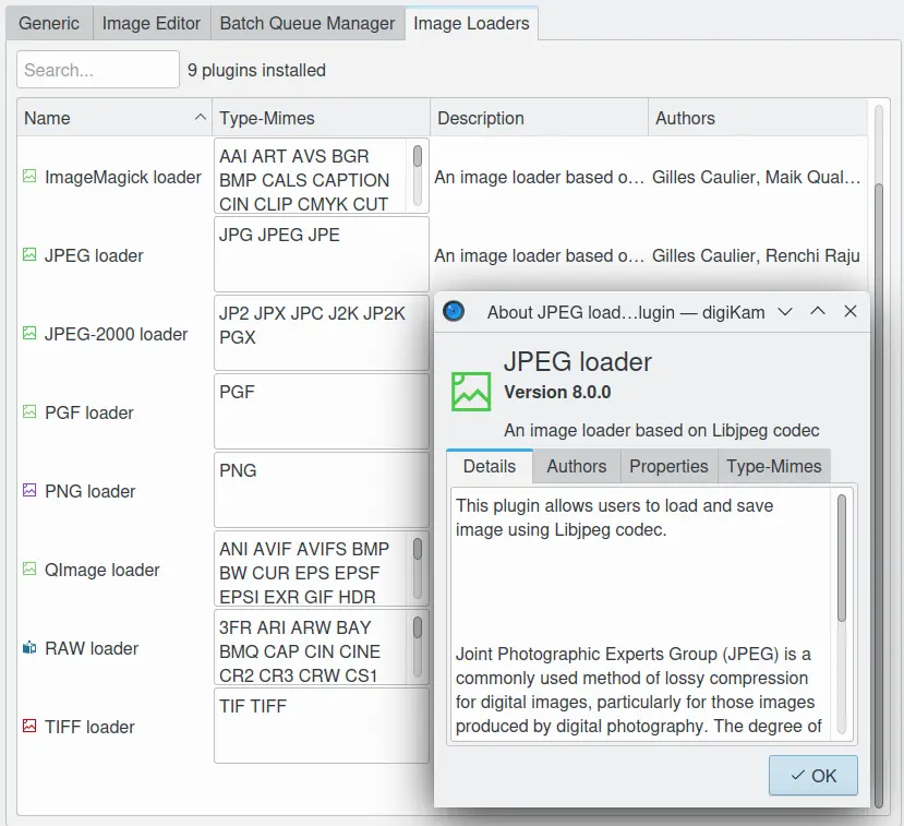 Página de configuração de plugins dos carregadores de imagens